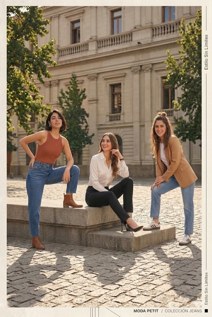 Tres mujeres petite con jeans Baga Nu en el centro de Santiago